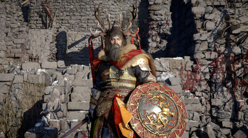 Armored warrior holds shield in stone ruins