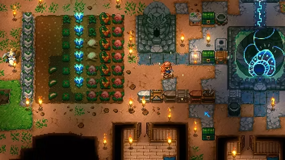 Core Keeper character standing near underground farm and shrine