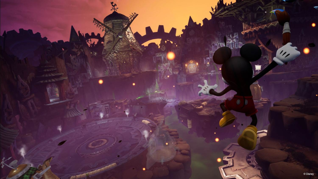 Mickey Mouse jumping over ruins in Disney game world