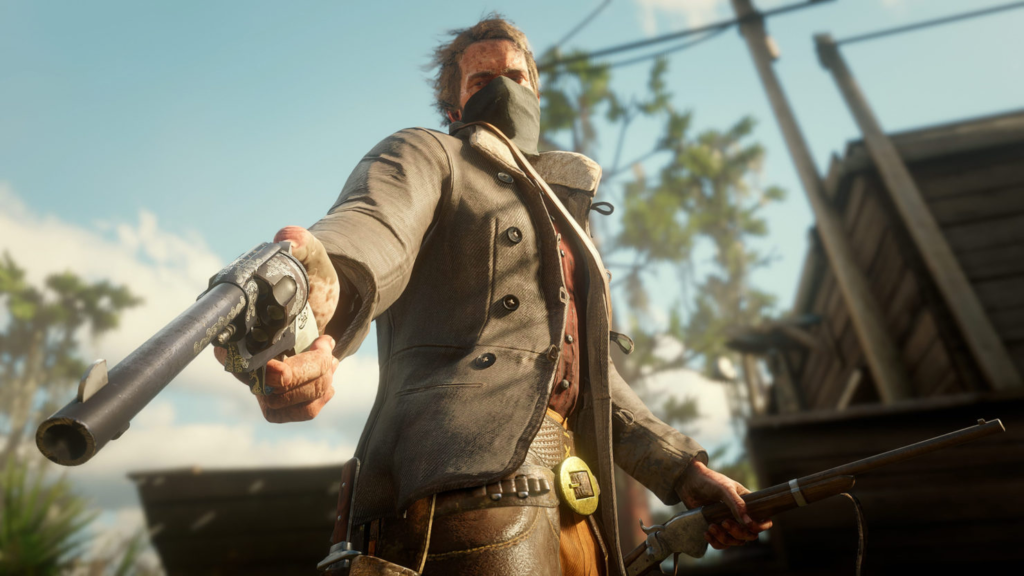 Masked cowboy aiming revolver outdoors near wooden building
