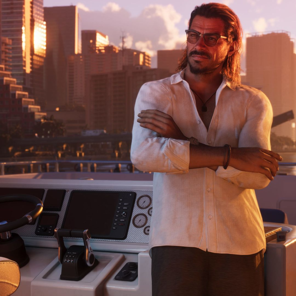 Man crossing arms on yacht with city skyline