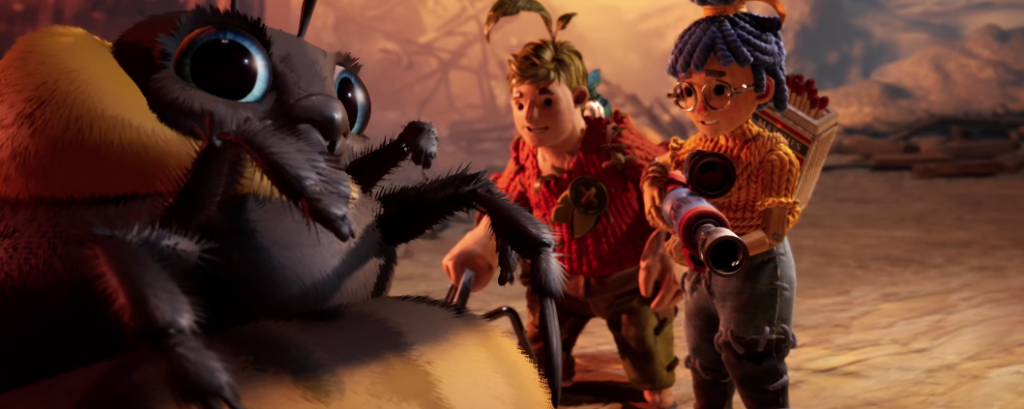 May and Cody aim weapon at spider in It Takes Two
