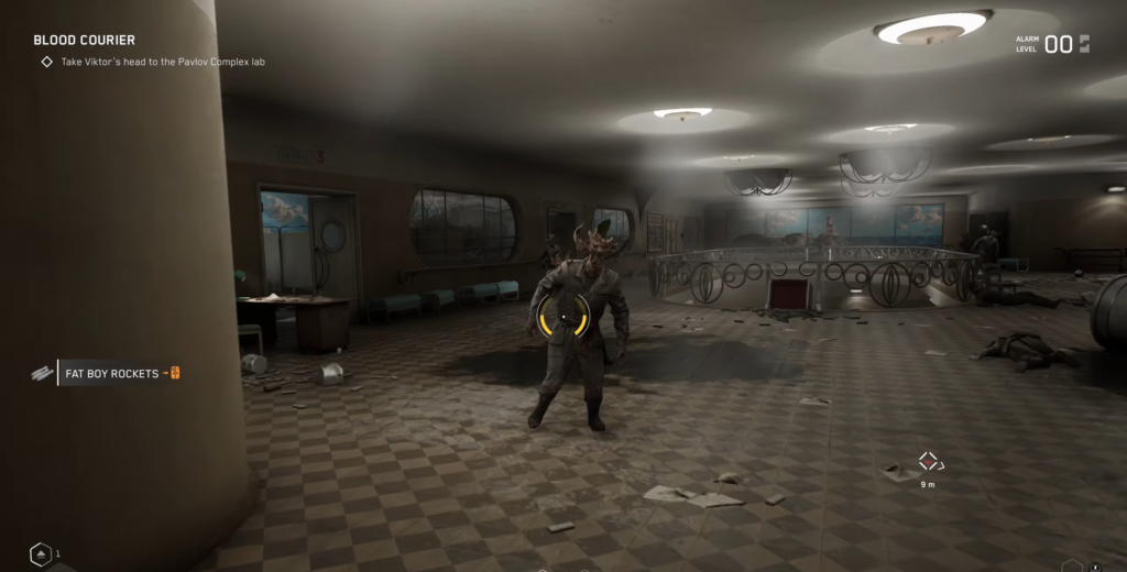 Atomic Heart enemy stands in abandoned lobby interior