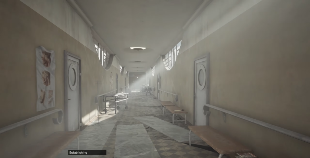 Sunlit hospital corridor with benches and gurney carts