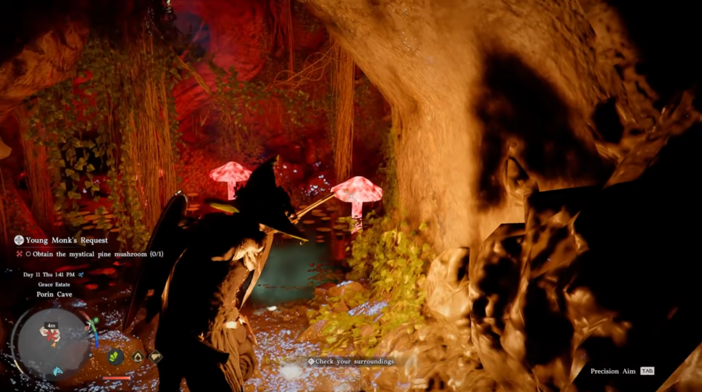 Winged character aims bow in red cave