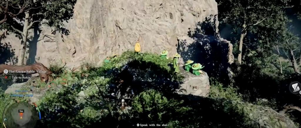 Yellow-cloaked figure stands on rocky forest ledge