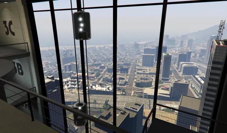 Grand Theft Auto V city skyline viewed from elevator