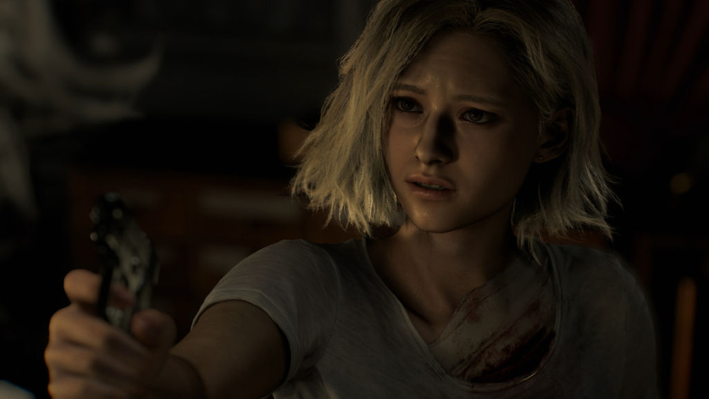 Blonde woman aims handgun indoors in dim light