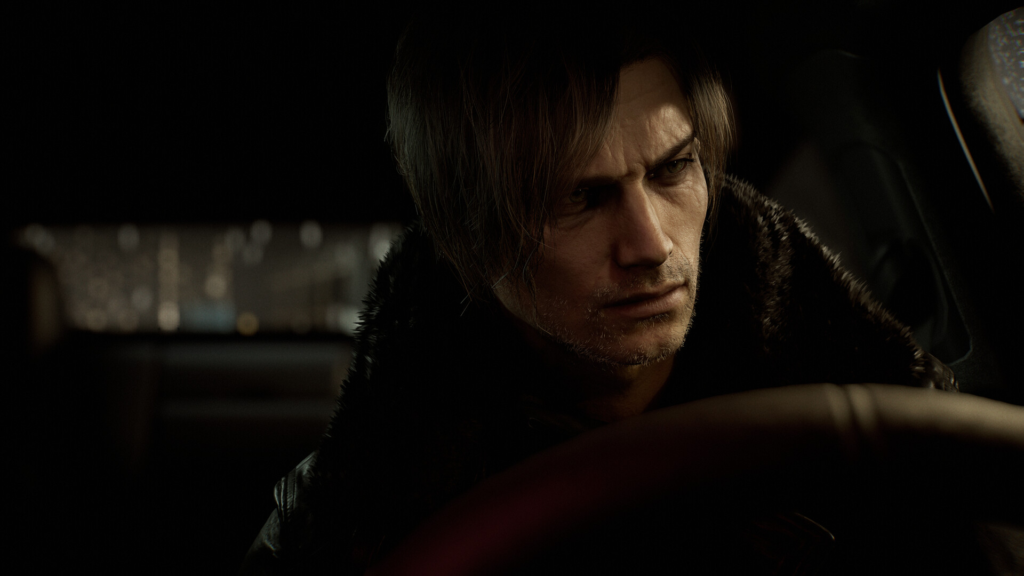 Leon S. Kennedy looks ahead inside car at night
