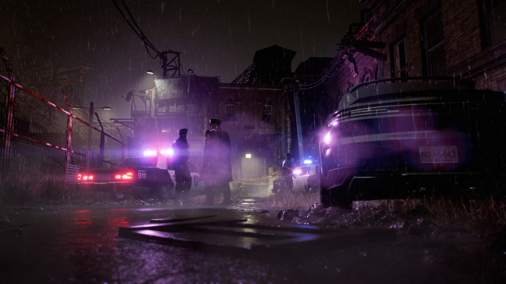 Police officers standing near patrol cars in rainy alley