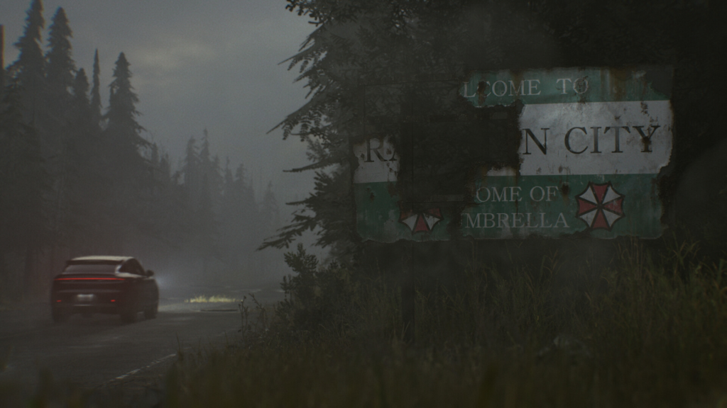 Car driving past Raccoon City sign in fog