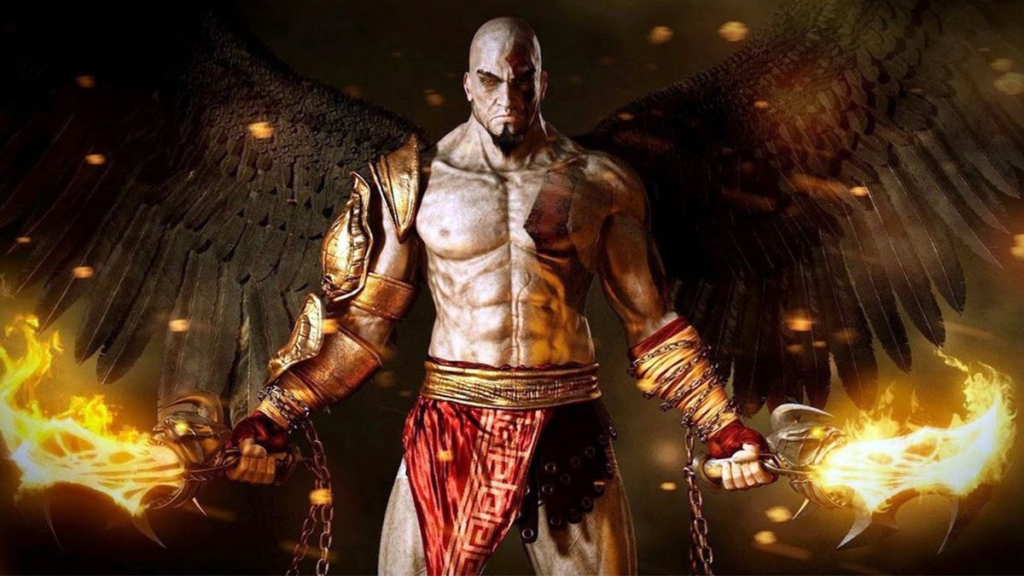 Kratos from God of War holding flaming blades