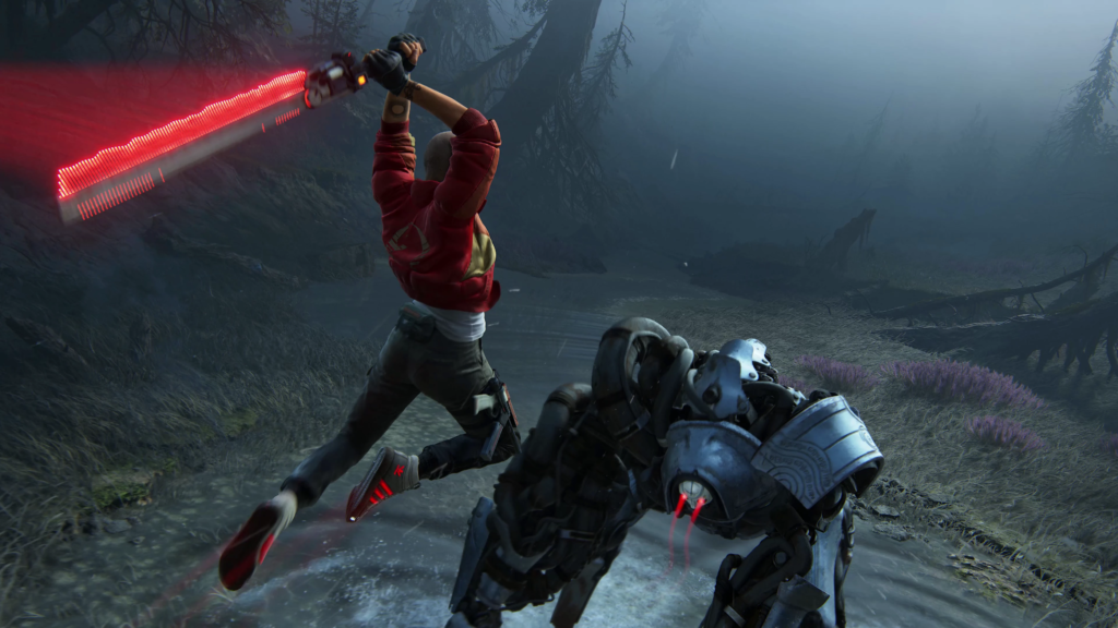 Gordon Freeman swings red crowbar at robot in swamp