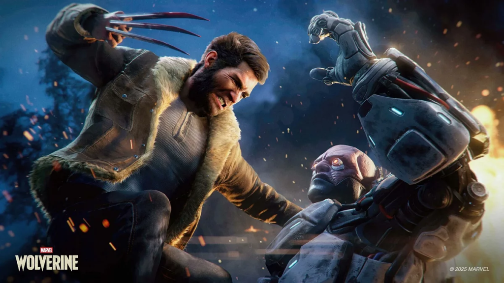 Marvel Wolverine slashes armored enemy in smoky battlefield