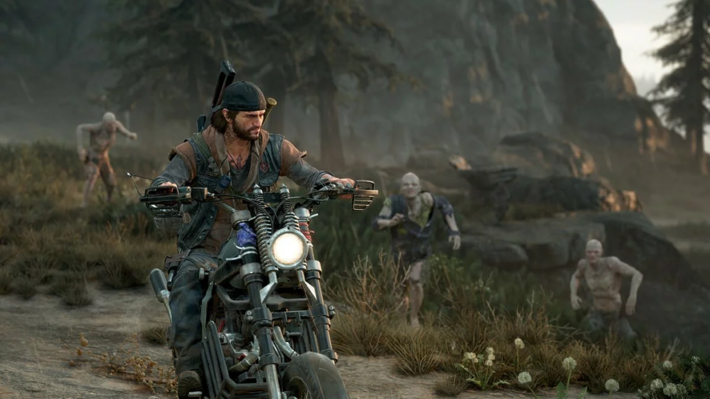 Deacon St. John rides motorcycle as Freakers chase outdoors