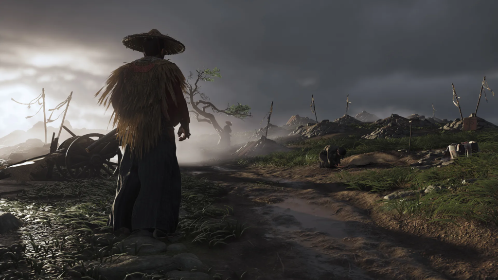 Samurai stands on muddy path under stormy sky