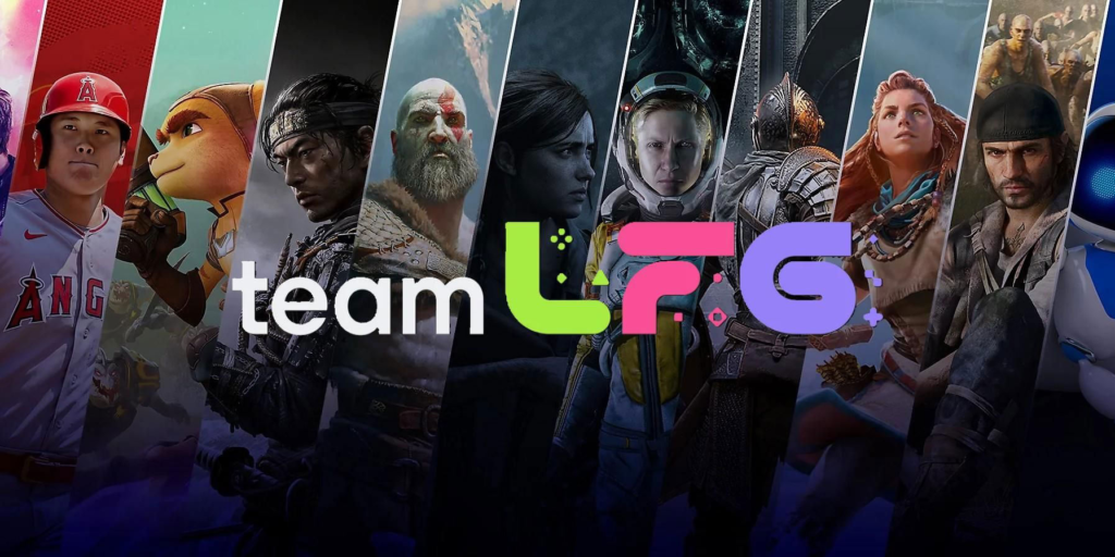 Team LFG logo over video game character collage