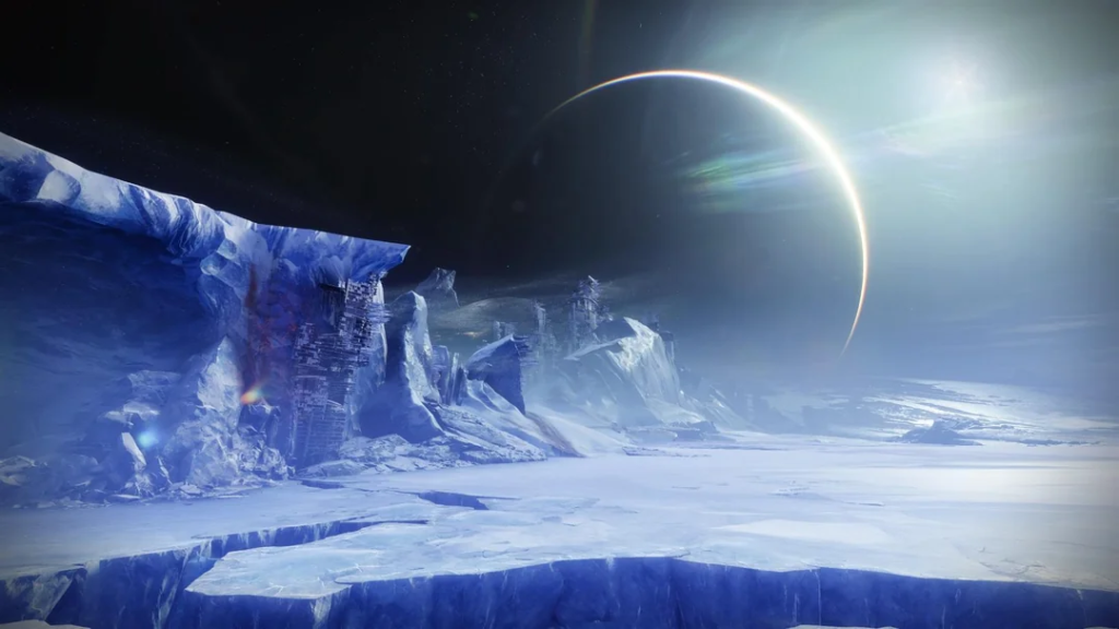 Blue icy landscape under planet and bright sun