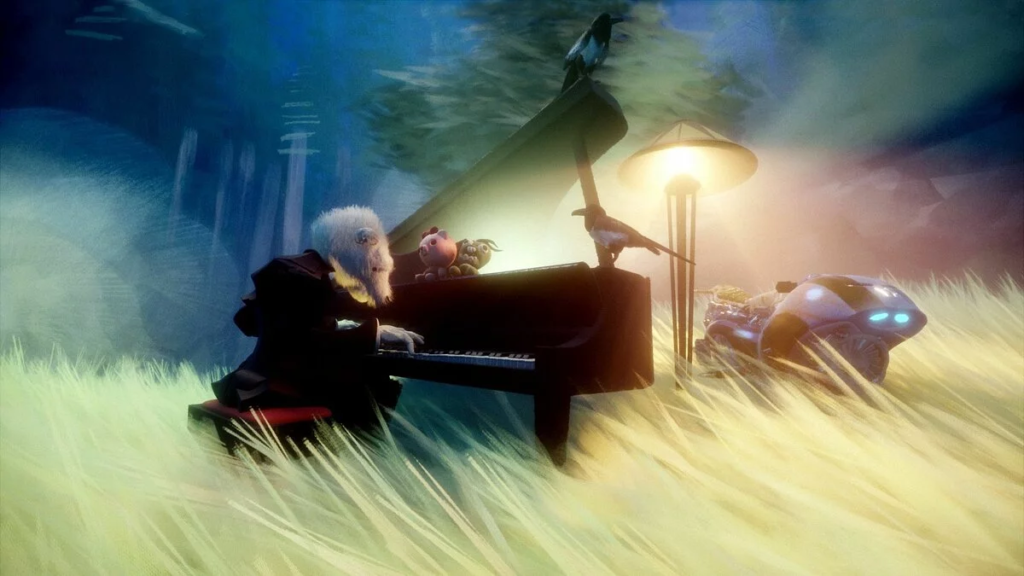 Monkey playing piano in grassy field at night