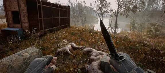 Holding knife over dead bodies near riverbank