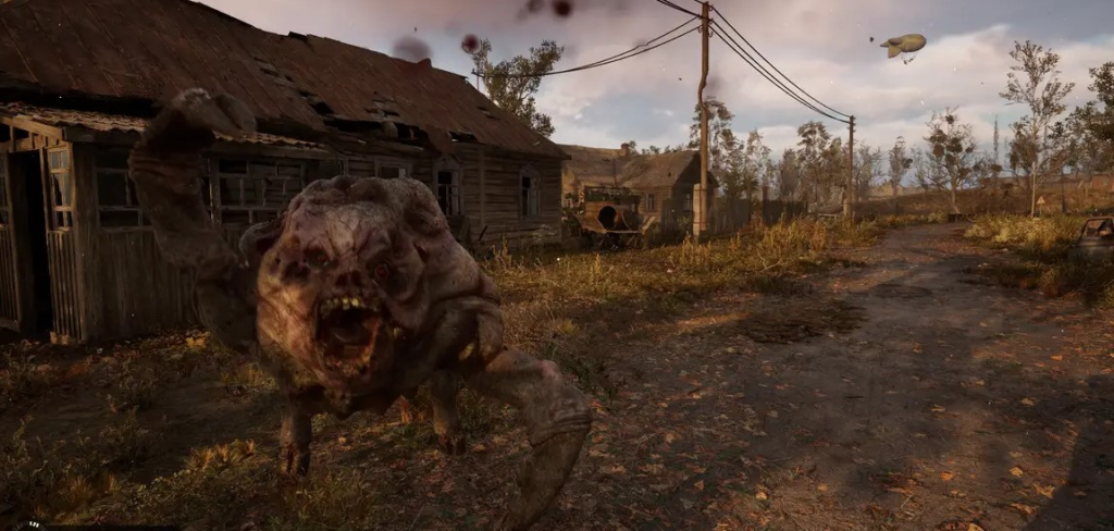 Mutant creature lunging on rural road near houses
