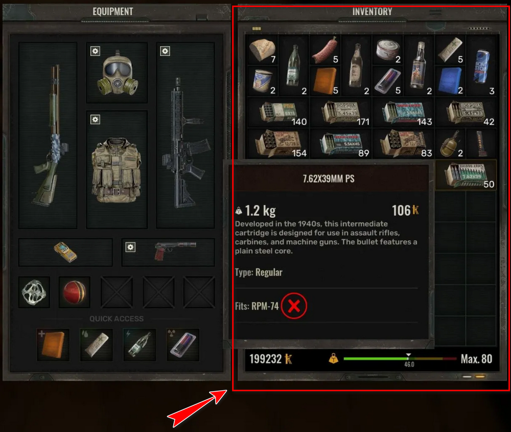 Game inventory showing ammo and supplies in menu