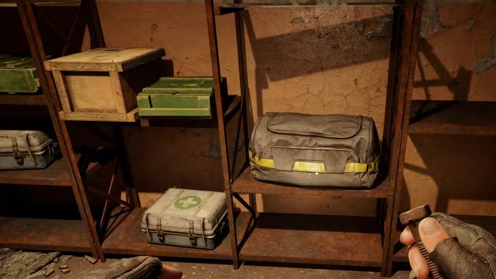 Hands holding grenade near medical bag on shelf