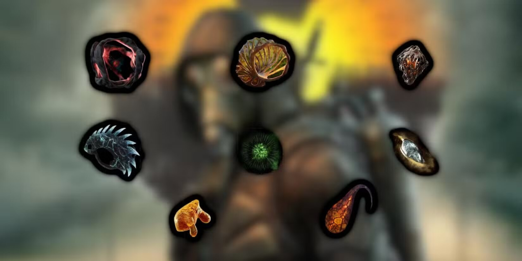 Fantasy creature icons floating over blurred hooded figure