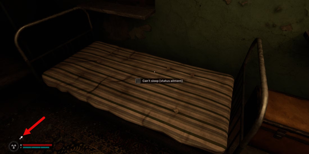 First-person view facing striped bed in dark room