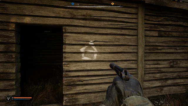 Gloved hand aims pistol at wooden wall indoors