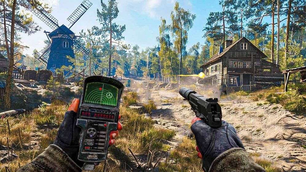Hands holding pistol and detector in rural village
