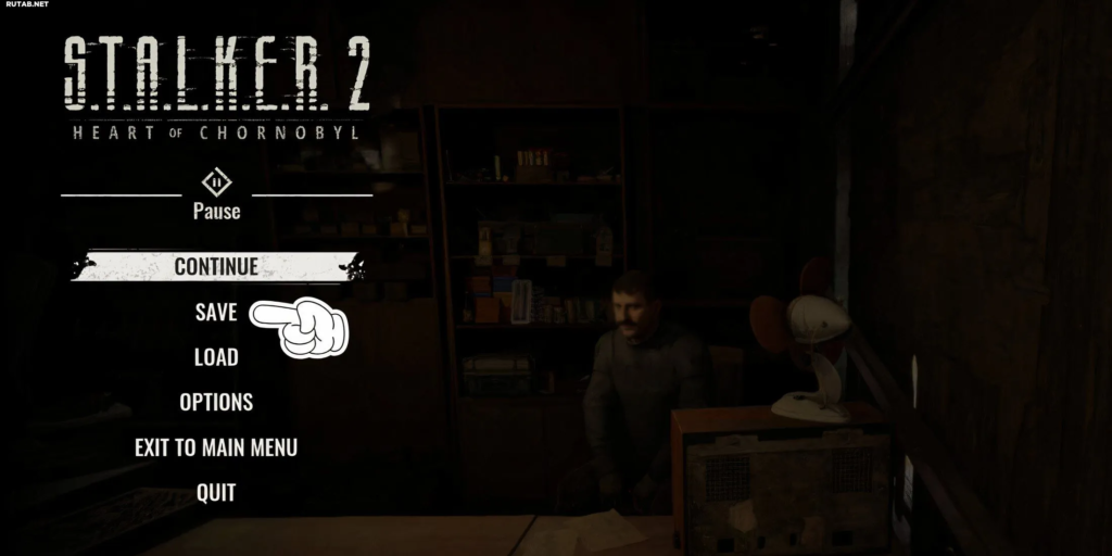S.T.A.L.K.E.R. 2 pause menu over man in room