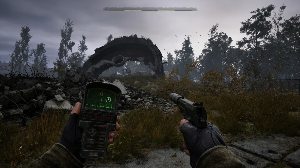 Holding detector and pistol near crashed aircraft wreckage outdoors