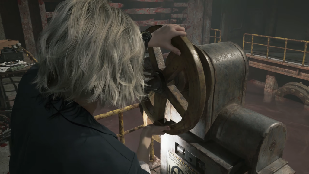 Leon S. Kennedy turns valve in factory