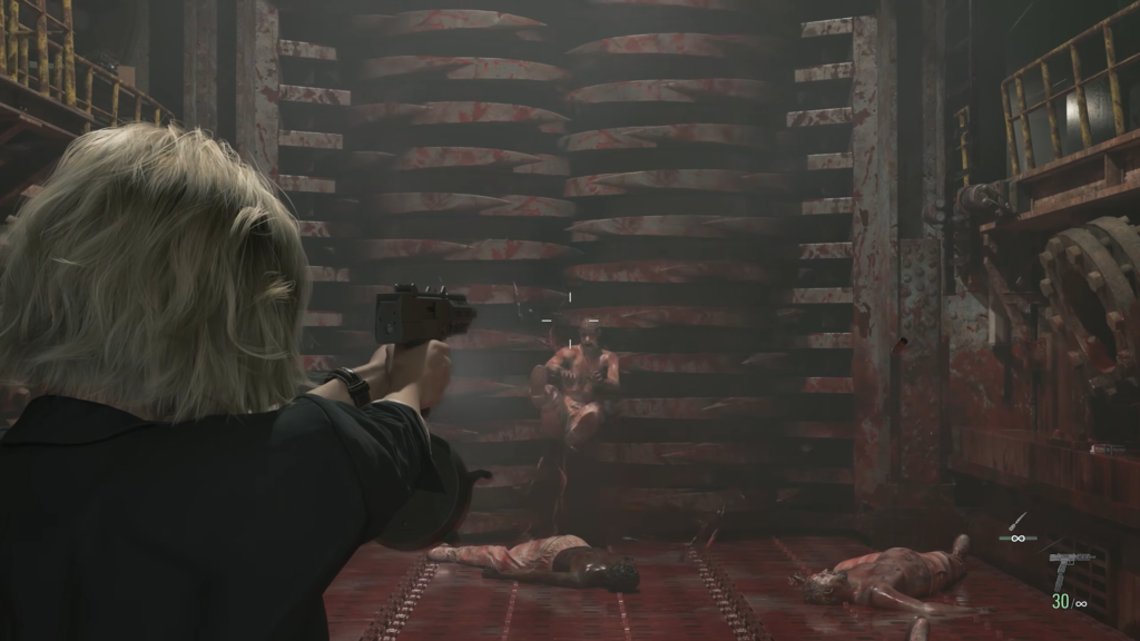 Woman aiming pistol in bloody factory