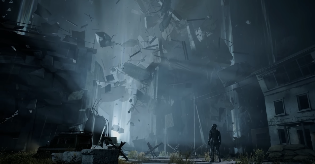 Lone figure walking through ruined city street
