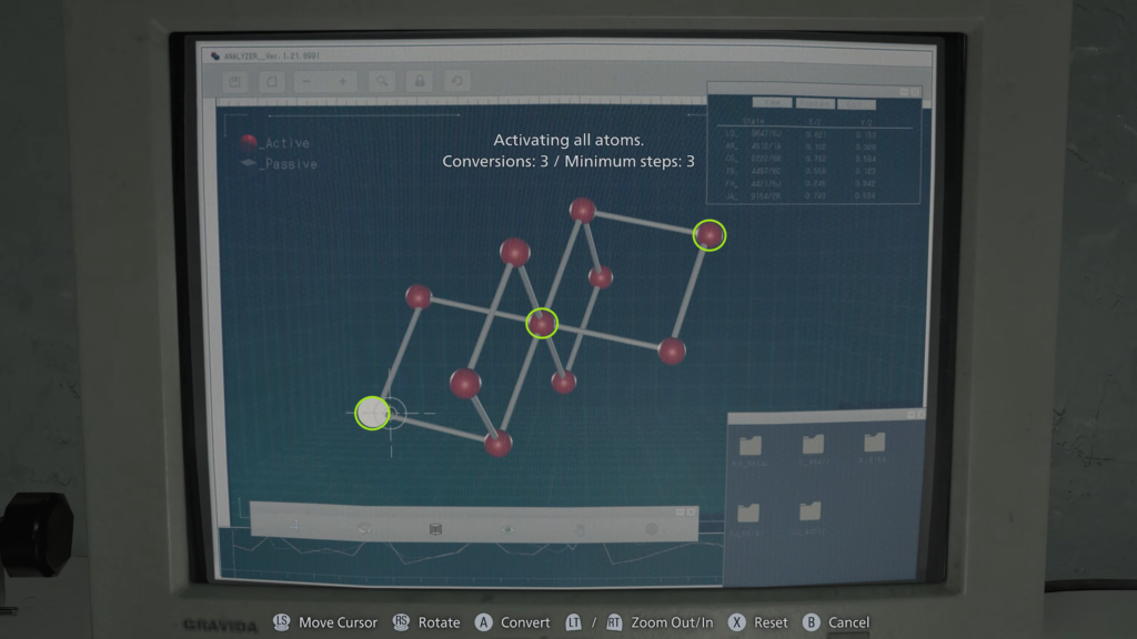 Solving atom conversion puzzle on computer screen