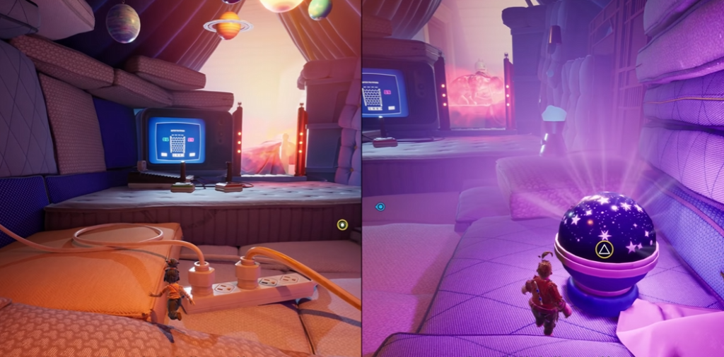 It Takes Two characters exploring bedroom with planet decor