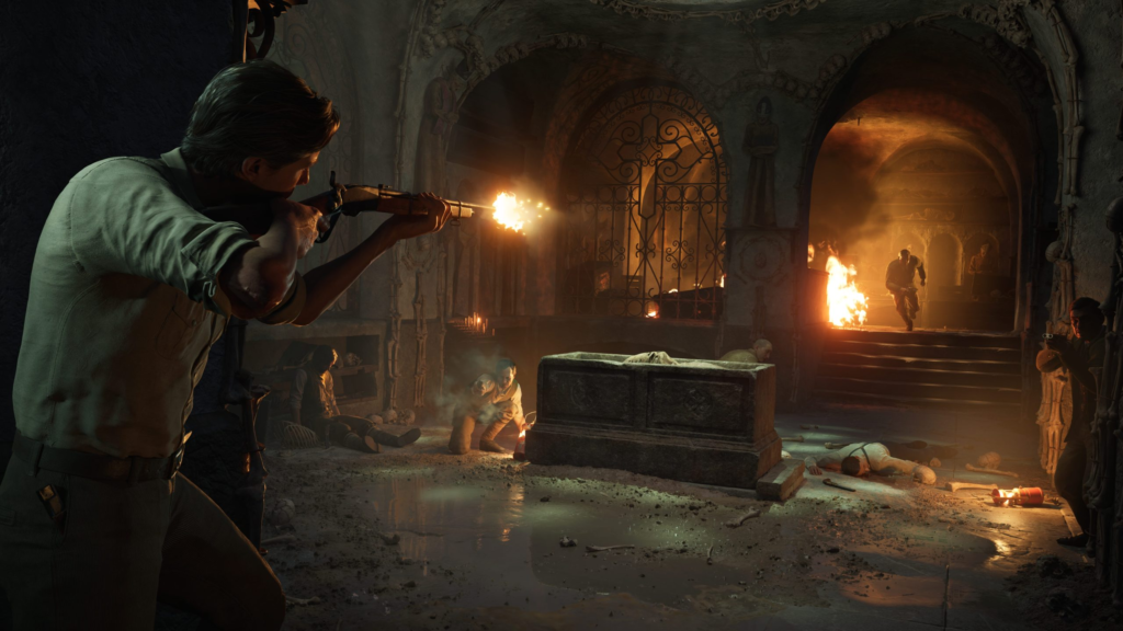 Man firing shotgun inside burning crypt chamber