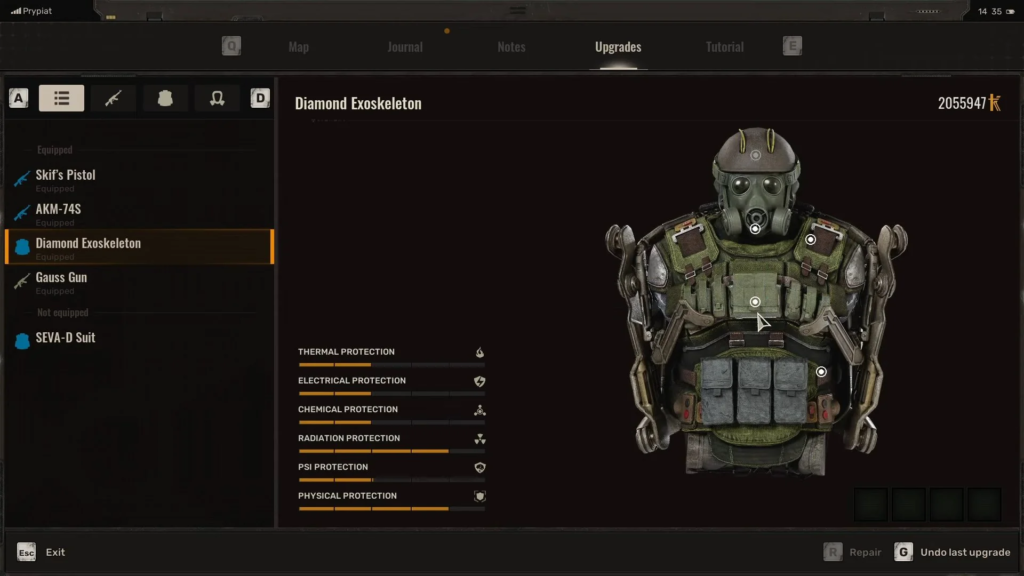 Diamond Exoskeleton upgrade menu in game