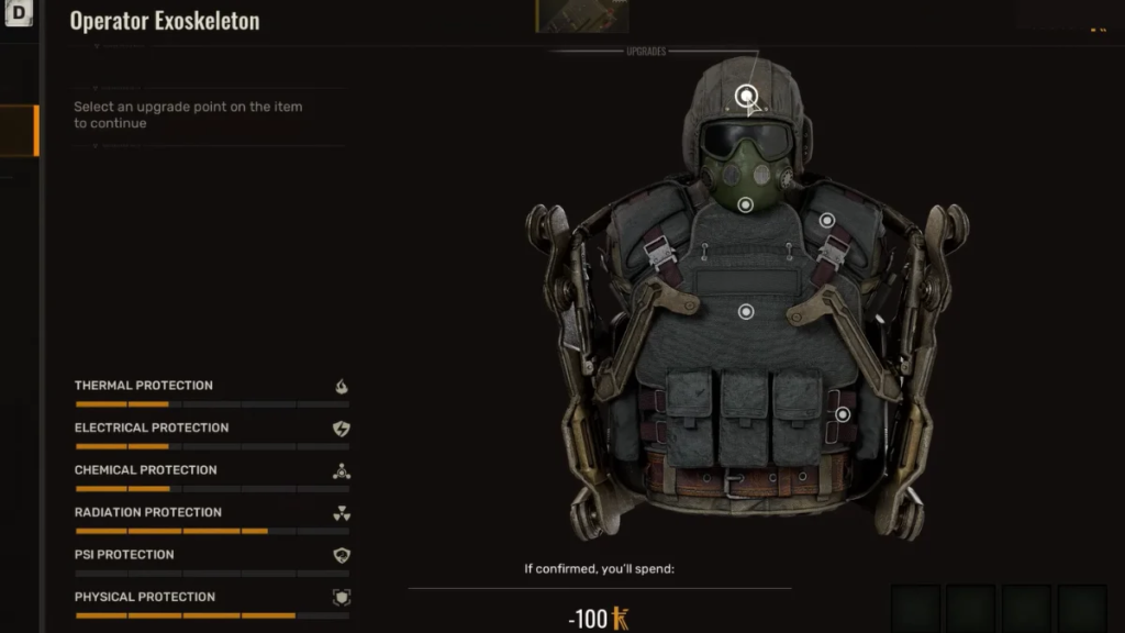 Operator exoskeleton upgrade menu in game