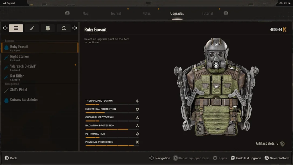 Ruby Exosuit upgrade menu with armor model