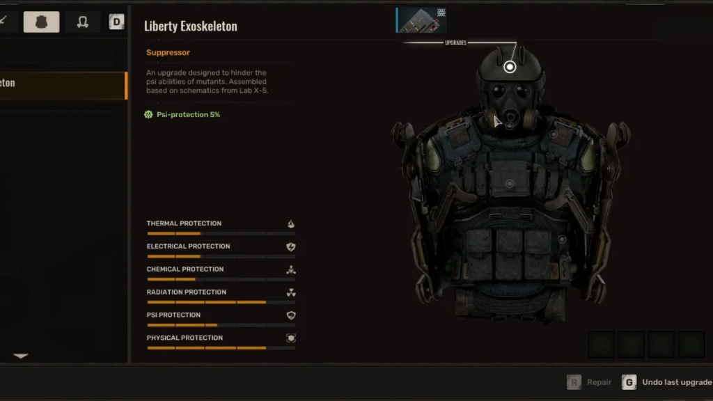 Liberty Exoskeleton upgrade menu with armor suit