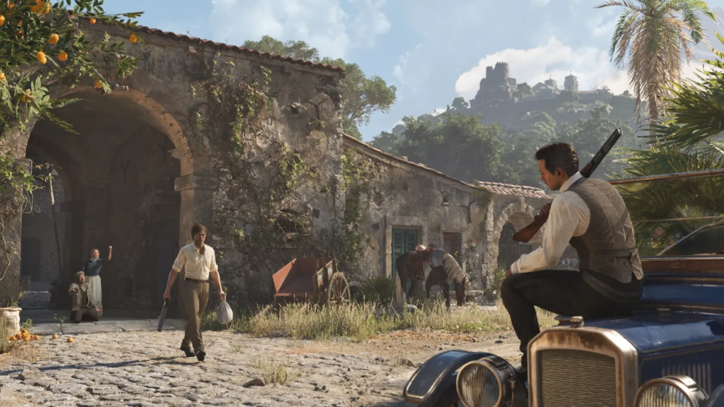 Mafia: Definitive Edition characters face off outside stone villa