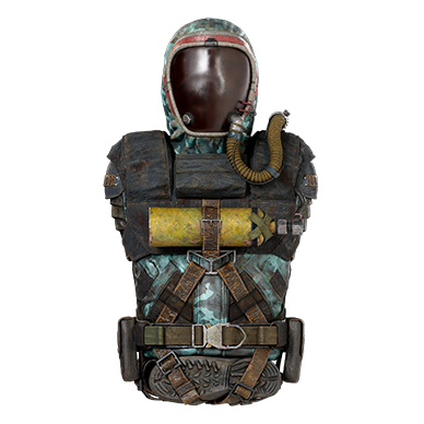 Camouflage hazmat suit with gas mask front view