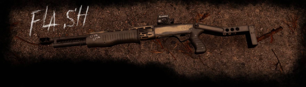 Shotgun lying on dirt ground