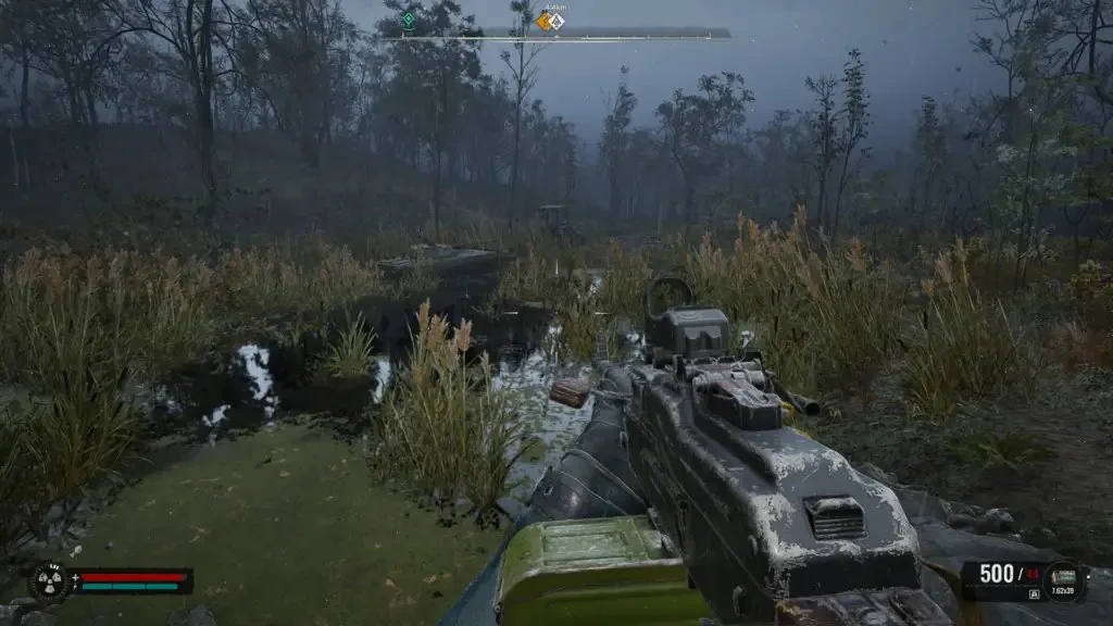 First-person rifle aiming in swamp forest
