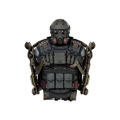 Armored soldier wearing gas mask on black background