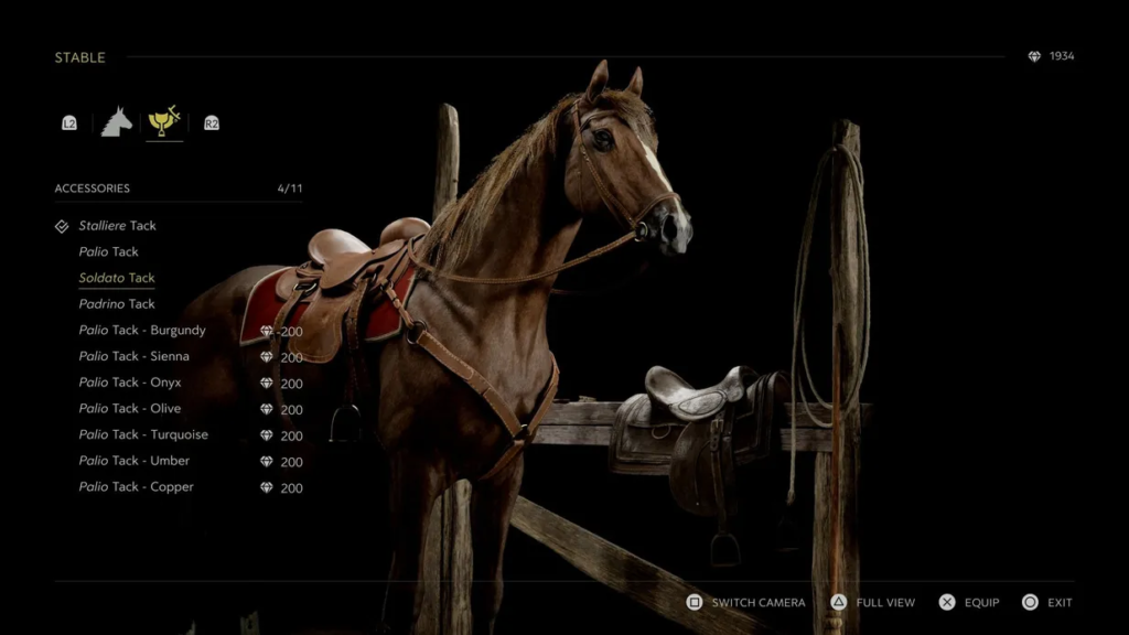 Brown horse wearing saddle in game stable menu