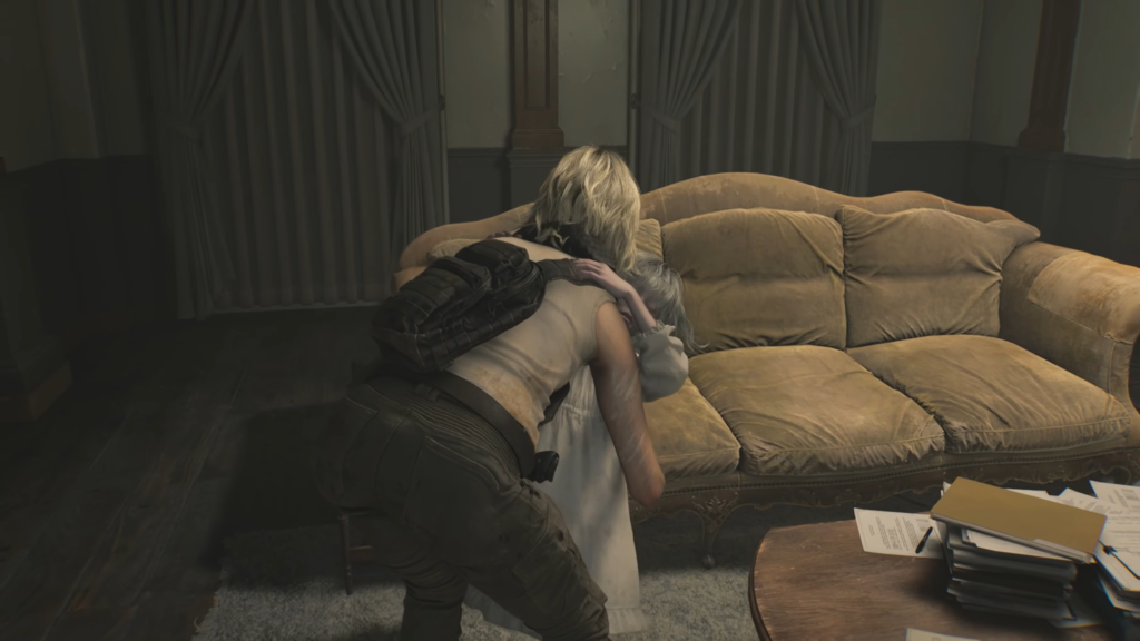 Woman hugging girl beside beige sofa indoors